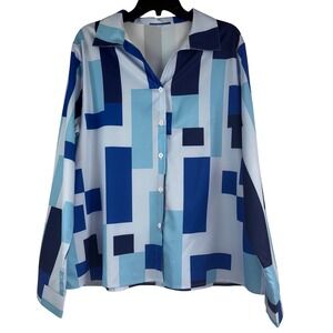 Women Geometric Print Long Sleeve Button Up Shirt XL Blue White Color Block